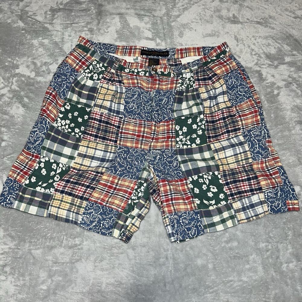 Vintage Tommy Hilfiger Men's Madras Patchwork Preppy Beach 90s Shorts Size 36